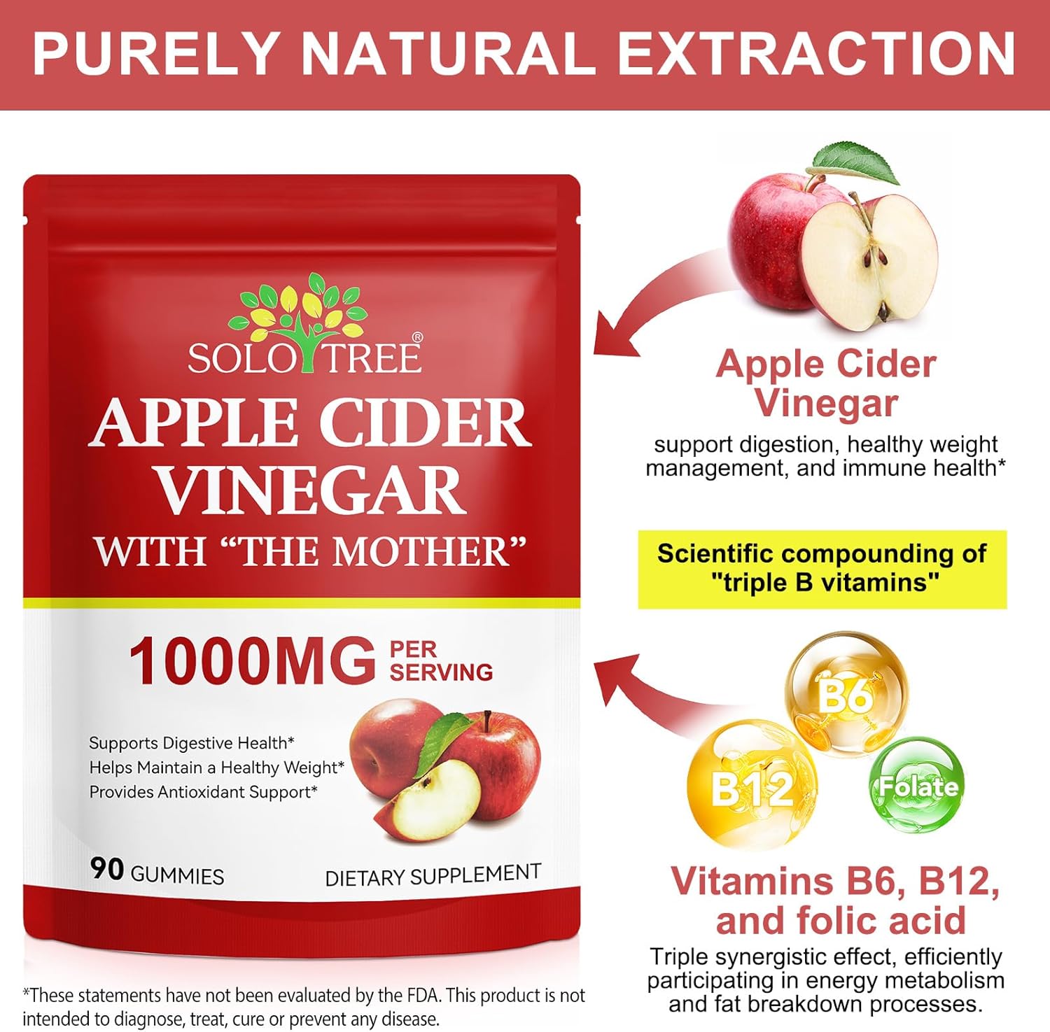 NIFEISHI Apple Cider Vinegar Gummies, (1000mg) Apple Cider Vinegar with Mother, (90Count) ACV Gummies w/Vitamin B6 & B12, Folic Acid, Vegan, Non-GMO, Gluten- & Gelatin-Free