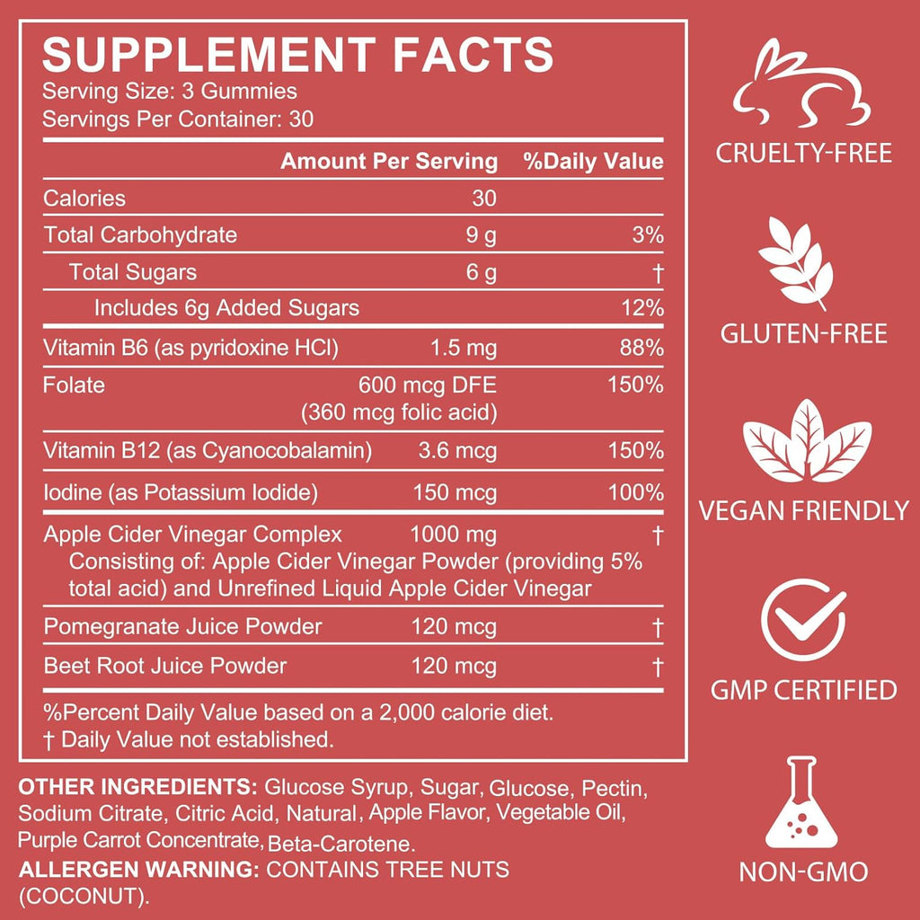NIFEISHI Apple Cider Vinegar Gummies, (1000mg) Apple Cider Vinegar with Mother, (90Count) ACV Gummies w/Vitamin B6 & B12, Folic Acid, Vegan, Non-GMO, Gluten- & Gelatin-Free